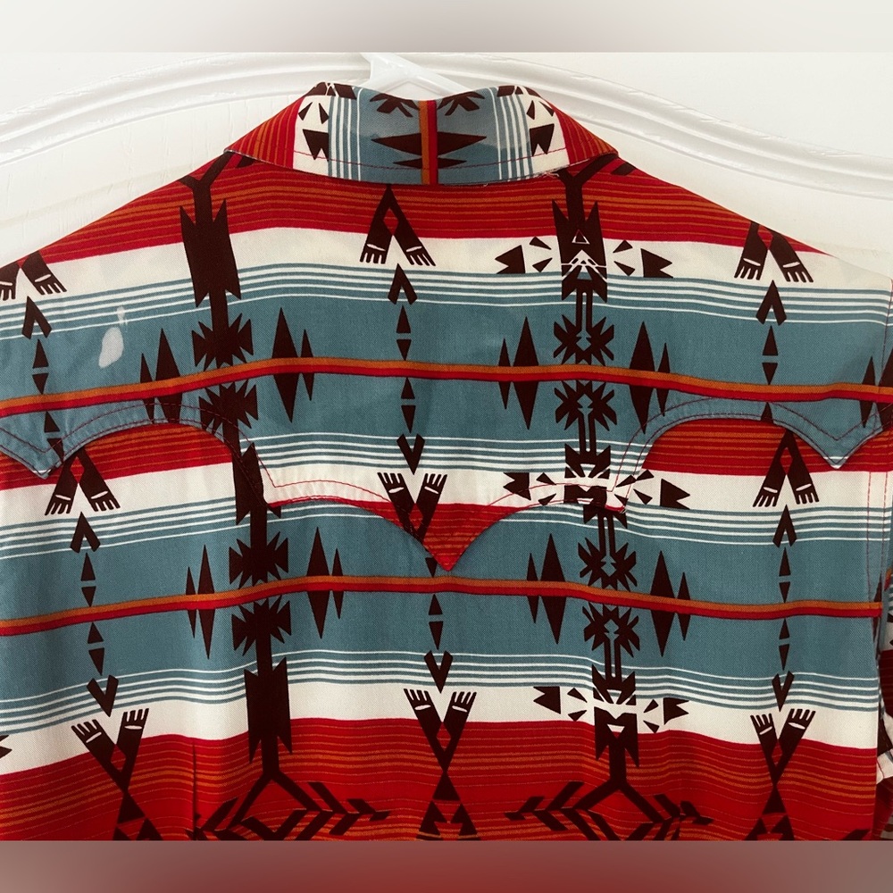 Wrangler Retro Teal Red Brown Southwest Aztec Pearl Snap Western Shirt, Size S - Picture 10 of 15